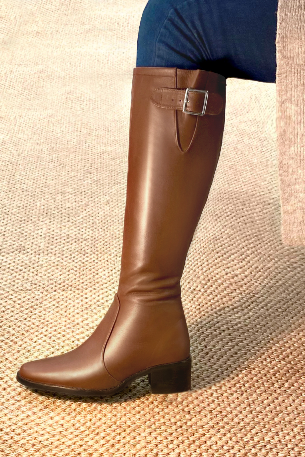 Caramel brown women's knee-high boots with buckles. Round toe. Low leather soles. Made to measure. Rear view - Florence KOOIJMAN